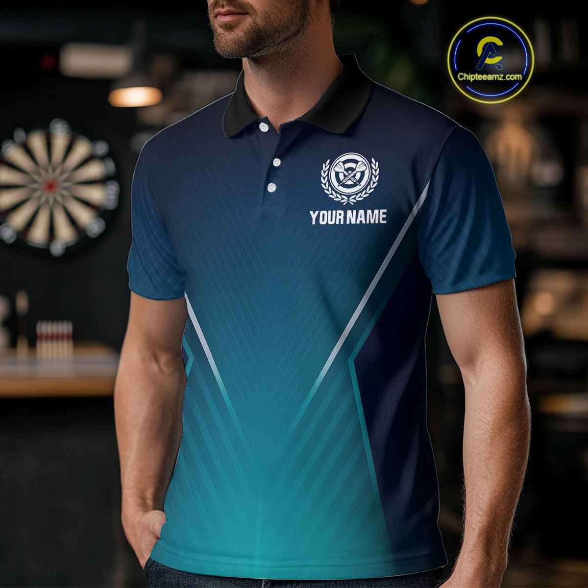 Men's Custom Darts Shirt - Crimson Wings Dart Arrrow With Gradient Blue Pattern NYN0328