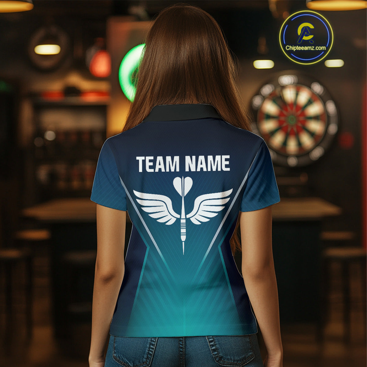 Women's Custom Darts Shirt - Crimson Wings Dart Arrrow With Gradient Blue Pattern NYN0328