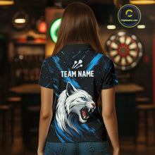 Load image into Gallery viewer, Women's Custom Darts Shirt - Ivory Panther With Dartboard &amp; Blue Grunge Pattern NYN0331