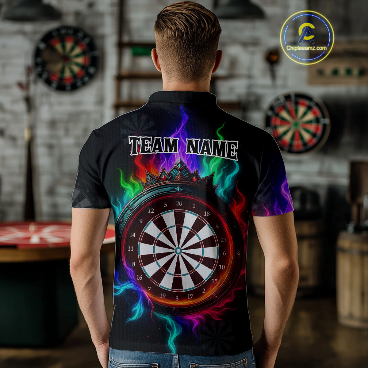 Multicolor Flaming & Red Dartboard Darts Shirt For Men - Custom Name & Team Jersey NYN0620