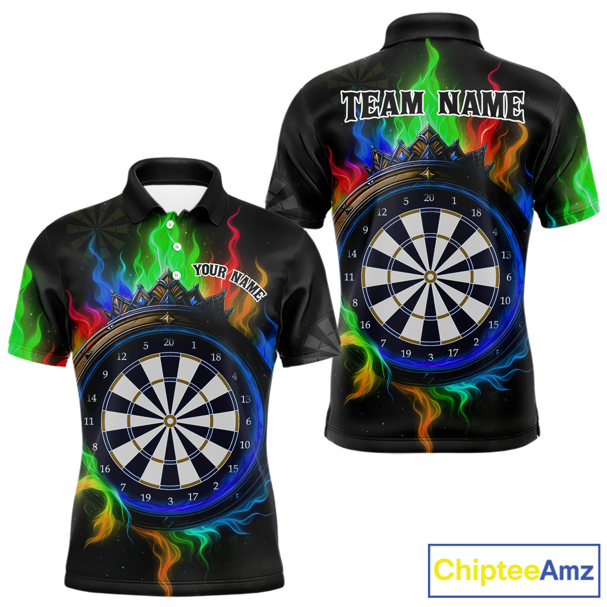 Multicolor Flaming & Blue Dartboard Darts Shirt For Men - Custom Name & Team Jersey NYN0621