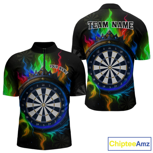 Multicolor Flaming & Blue Dartboard Darts Shirt For Men - Custom Name & Team Jersey NYN0621