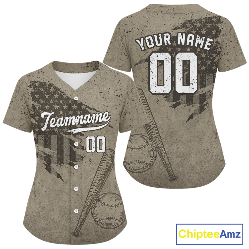 Custom US Flag Patriotic Baseball Shirt For Women Outfit Brown Grunge Baseball Jerseys NYN1327