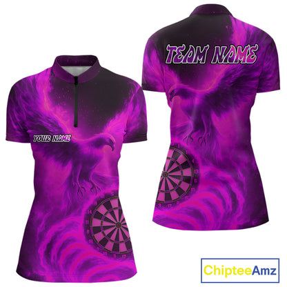 Women's Darts 1/4-Zip Shirt Personalized Flaming Phoenix Dartboard Darts Jersey | Pink NYN1028