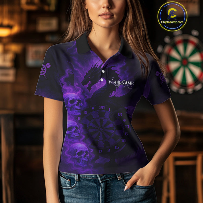 Custom Skull Dragon Purple Dartboard Women Polo & 1/4-Zip Dart Shirt, Darts Team Jerseys NYN1090