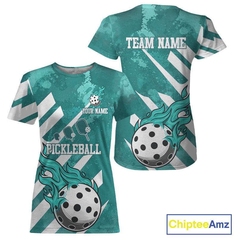 Custom Women's Turquoise Flame Pickleball Ball T-Shirt Grunge Pickleball Jerseys NYN1266
