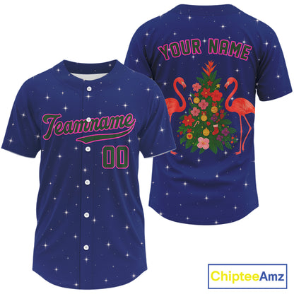 Custom Blue And Pink Flamingo Xmas Baseball Jersey For Men Outfit Christmas Baseball Gifts NYN1289