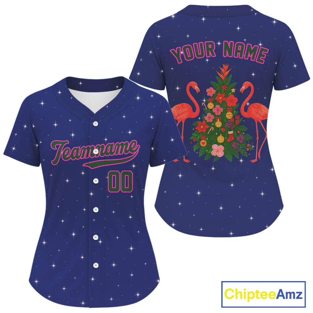 Custom Blue And Pink Flamingo Xmas Baseball Jersey For Women Outfit Christmas Baseball Gifts NYN1289