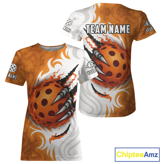 White & Orange Claw Scratches Pickleball Ball T-Shirt For Women Custom Pickleball Jerseys NYN1293