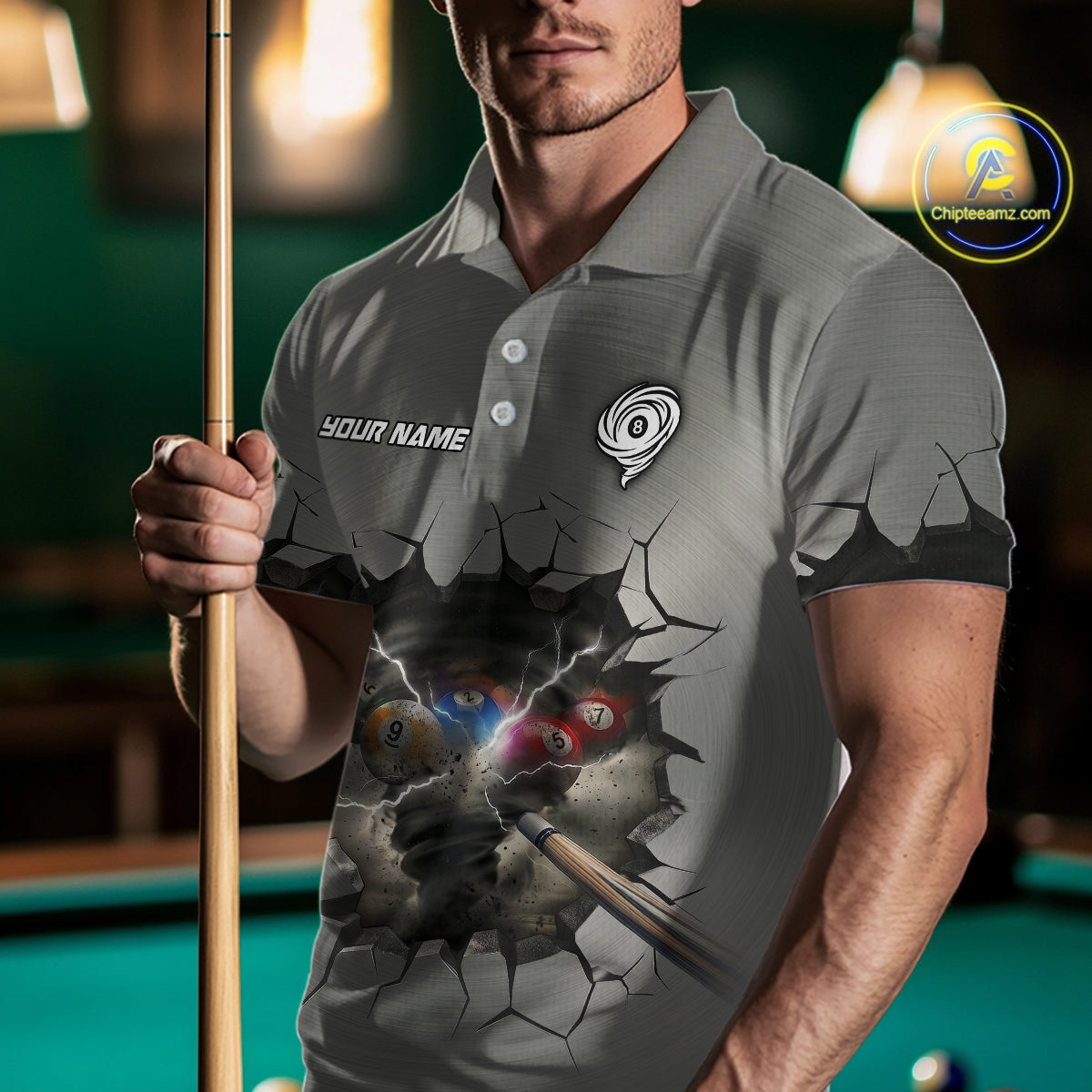 Funny Tornado Grey Billiard Ball Shirt For Men Personalized Thunder 8 Ball Pool Team Jersey NYN2985