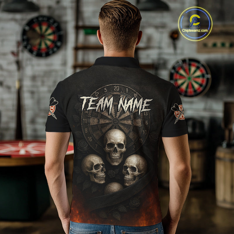 Custom Flames Grunge Roses Black Skull Dart Men Polo Shirt Outfits Dart Jerseys NYN1559
