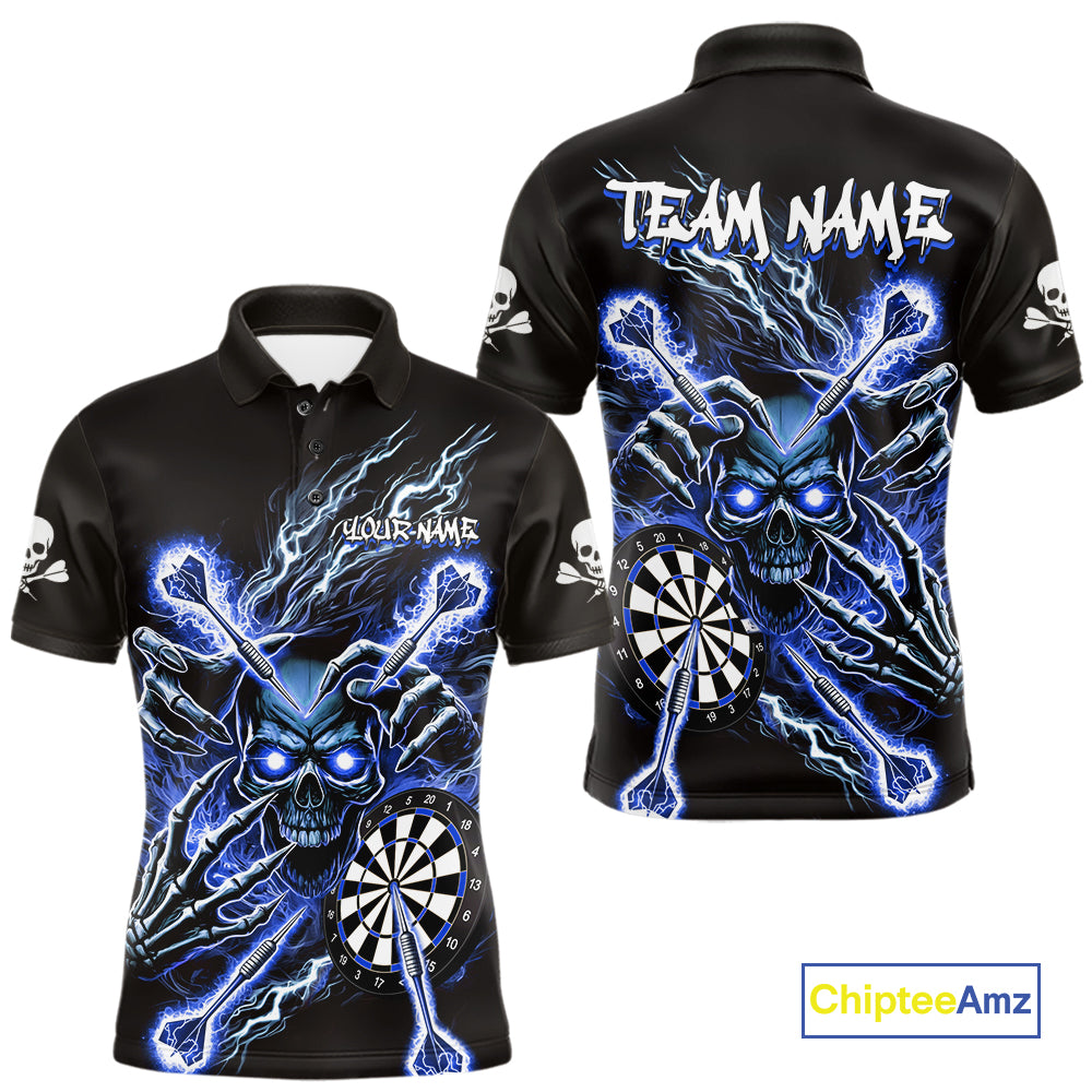 Personalized Blue Skeleton Thunder Lightning Men Dart Polo Shirts Skull Dart Jerseys NYN2120