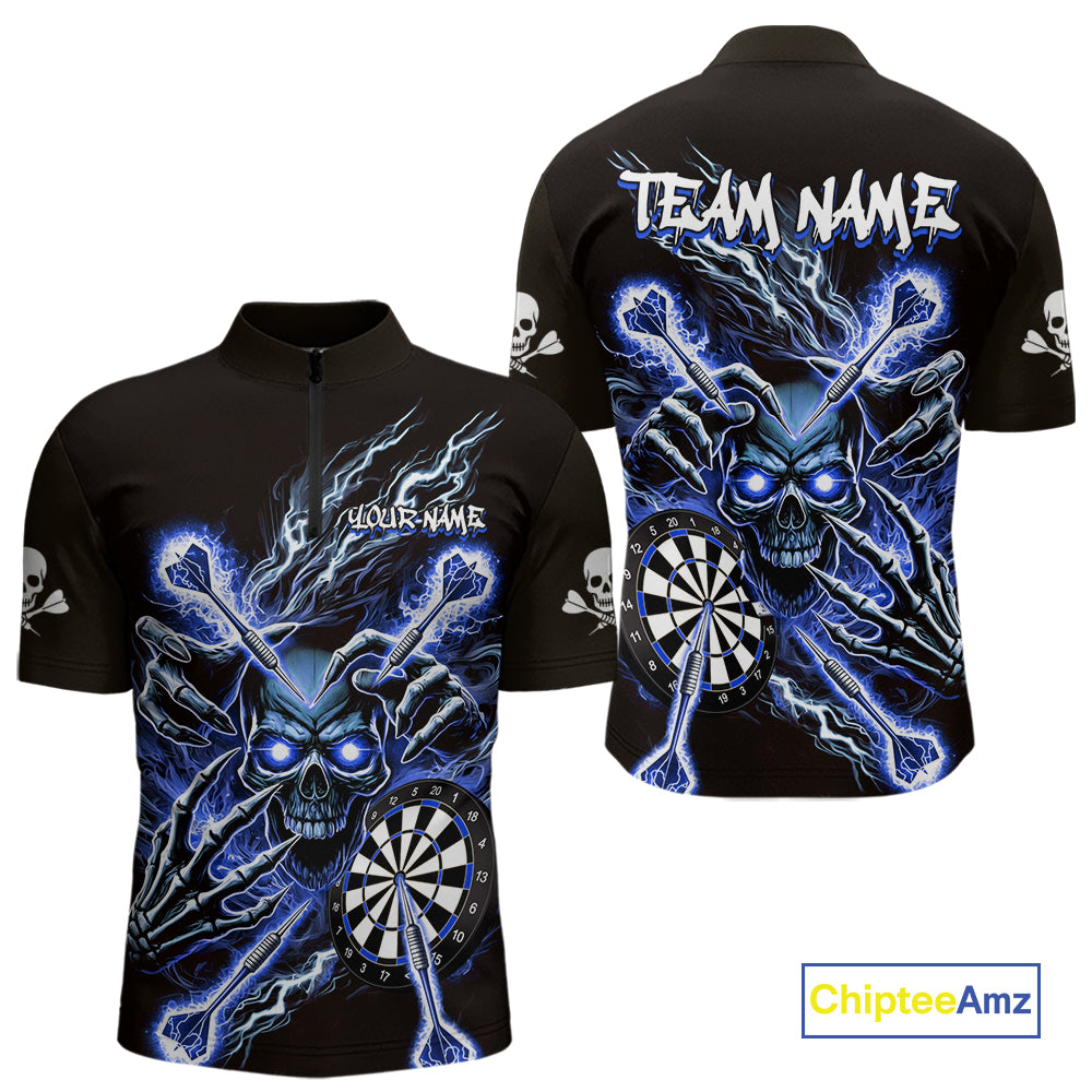 Personalized Blue Skeleton Thunder Lightning Men Dart Quarter- Zip Shirts Skull Dart Jerseys NYN2120