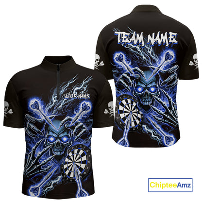 Personalized Blue Skeleton Thunder Lightning Men Dart Quarter- Zip Shirts Skull Dart Jerseys NYN2120