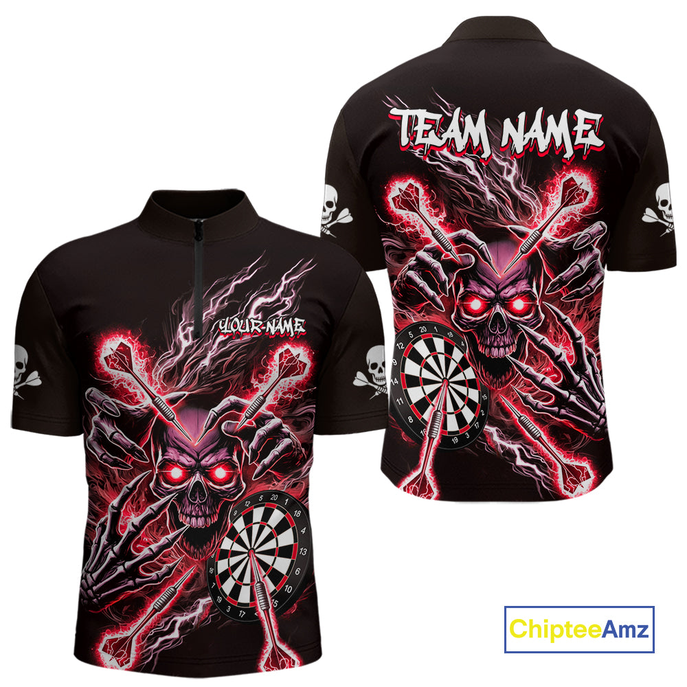 Personalized Red Skeleton Thunder Lightning Men Dart Quarter- Zip Shirts Skull Dart Jerseys NYN2121