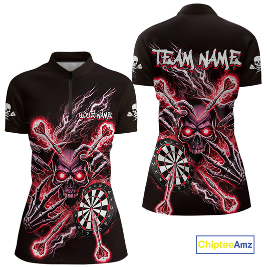 Personalized Red Skeleton Thunder Lightning Women Dart Quarter- Zip Shirts Skull Dart Jerseys NYN2121
