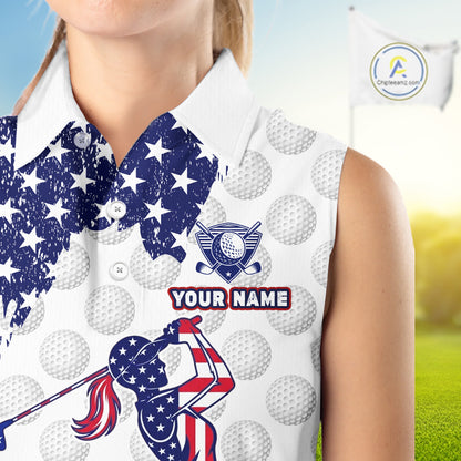 Custom Patriotic Golf Sleeveless Polo Shirts, Grunge US Flag Golf Ball White Women Best Golf Clothing Shirts NYN2991