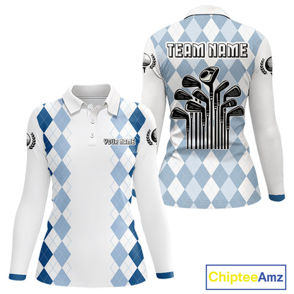 Womens Argyle Pattern Golf Polo Shirts, Blue Argyle Golf Attire Custom Golf Clubs Pattern Upf Shirts NYN2999