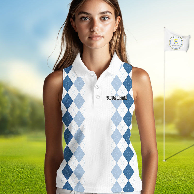 Womens Argyle Pattern Golf Sleeveless Polo Shirts, Blue Argyle Golf Attire Custom Golf Clubs Pattern Upf Shirts NYN2999