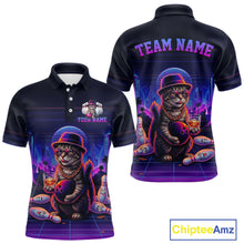 Load image into Gallery viewer, Whisky Cat Funny Bowling Shirt For Men Custom Neon Bowling Polo Quarter Zip Jersey