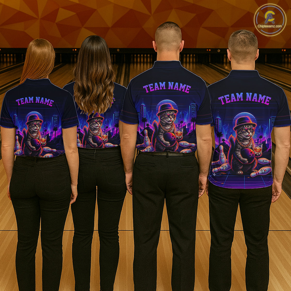 Whisky Cat Funny Bowling Shirts For Men Custom Neon Bowling Polo & Quarter-Zip Jerseys NYN3416