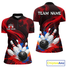 Load image into Gallery viewer, Colorful Splatter Bowling Ball And Pins Shirt For Women Black Red Team Jersey