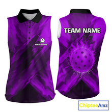 Load image into Gallery viewer, Custom Fire Flame Purple Pickleball Ball Sleeveless Polo Shirts For Women Outfits Pickleball Team Jerseys NYN2787