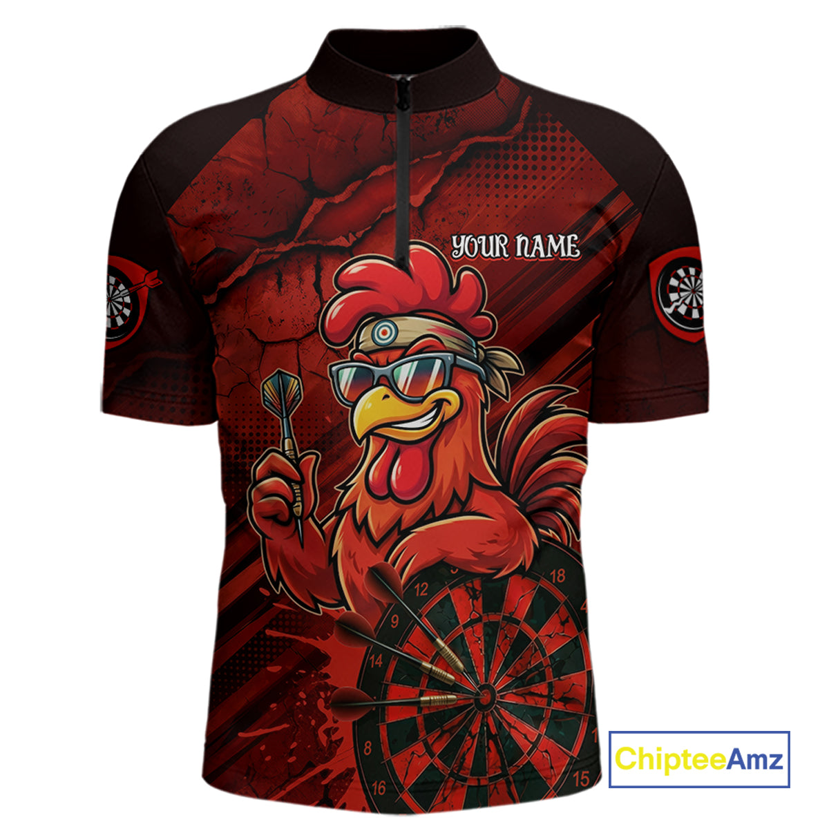 Red Splatter Rooster Darts Polo & 1/4-Zip Shirt For Men Custom Funny Dart Jersey For Darters NYN3005