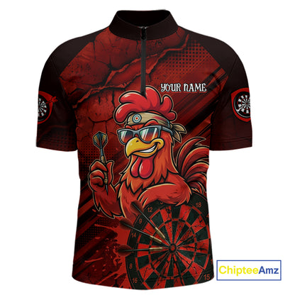 Red Splatter Rooster Darts Polo & 1/4-Zip Shirt For Men Custom Funny Dart Jersey For Darters NYN3005