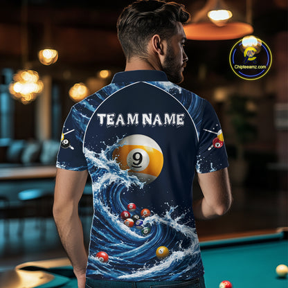 Male model wearing Funny Shark Blue pool polo jersey, custom billiard apparel, 8 Ball 9 Ball cue sports shirt, bar league championship uniform
