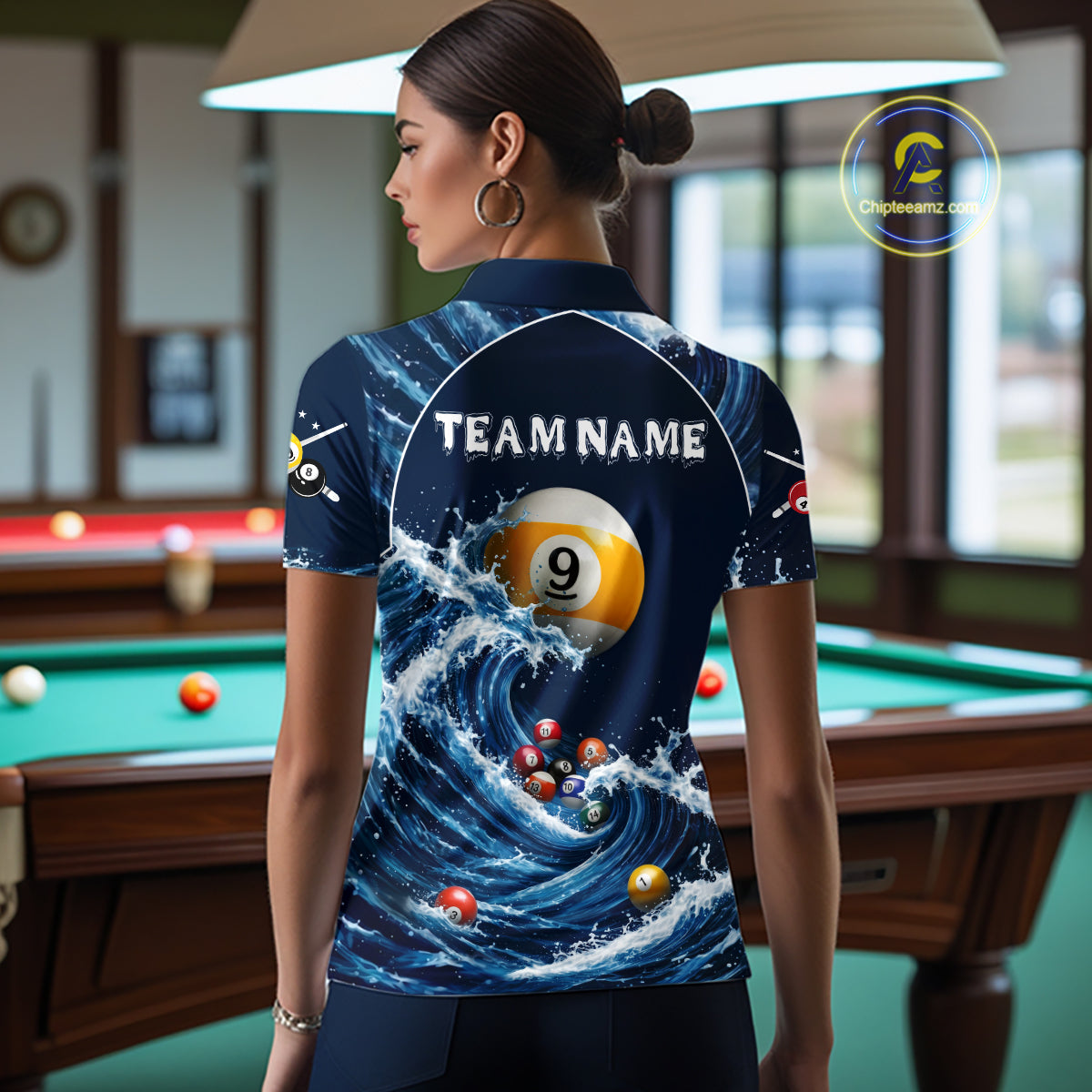 Female model wearing Funny Shark women's billiard polo, custom pool team jersey, cue sports apparel, tournament clothing, fun player gift