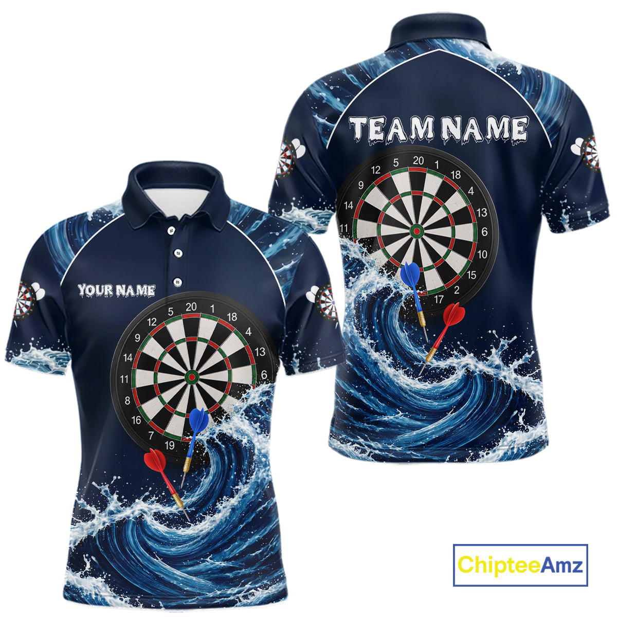 Blue Waving dartboard men's darts polo with dynamic motion artwork, personalized darts team jersey, custom league apparel, professional tournament sportswear