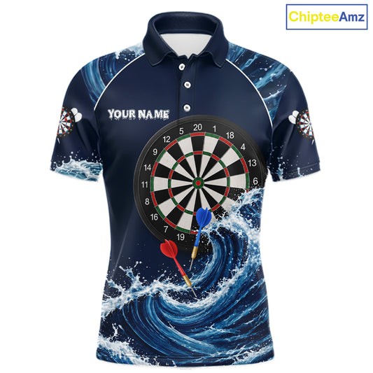 Blue Waving dartboard men's darts polo with dynamic motion artwork, personalized darts team jersey, custom league apparel, professional tournament sportswear