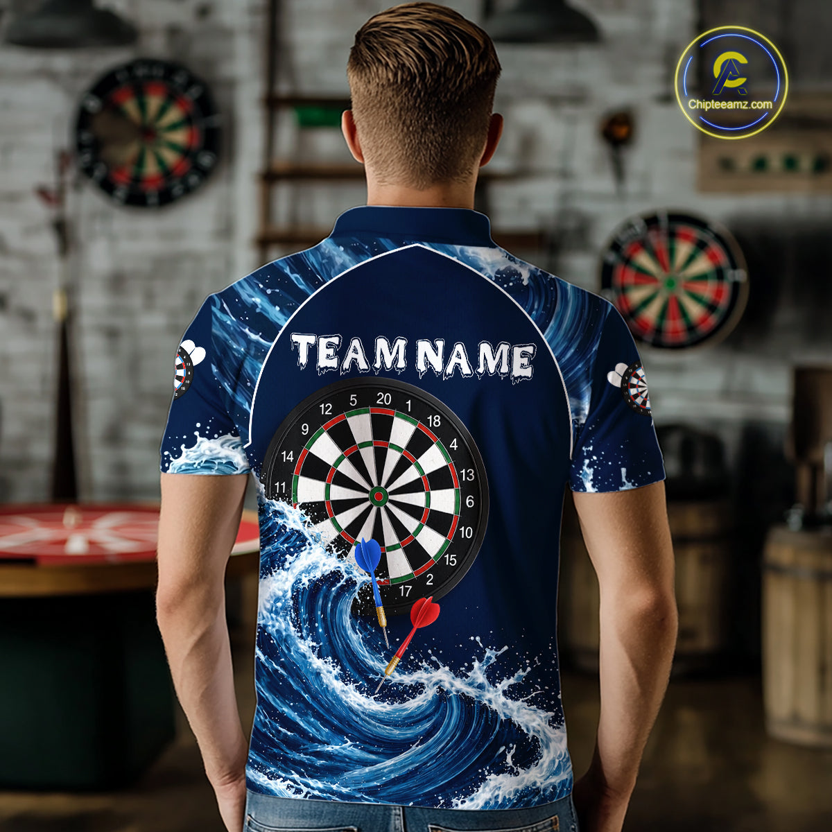 Male model wearing Blue Waving darts polo, personalized tournament jersey, custom dart league clothing, championship athletic performance wear