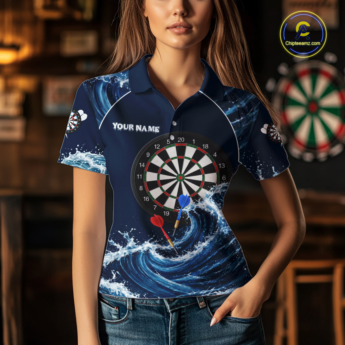Female model wearing Blue Waving women's darts polo, custom dart team jersey, tournament apparel, personalized performance clothing, competitive league sportswear
