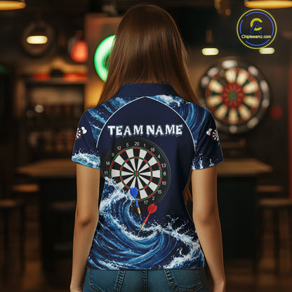 Female model wearing Blue Waving women's darts polo, custom dart team jersey, tournament apparel, personalized performance clothing, competitive league sportswear