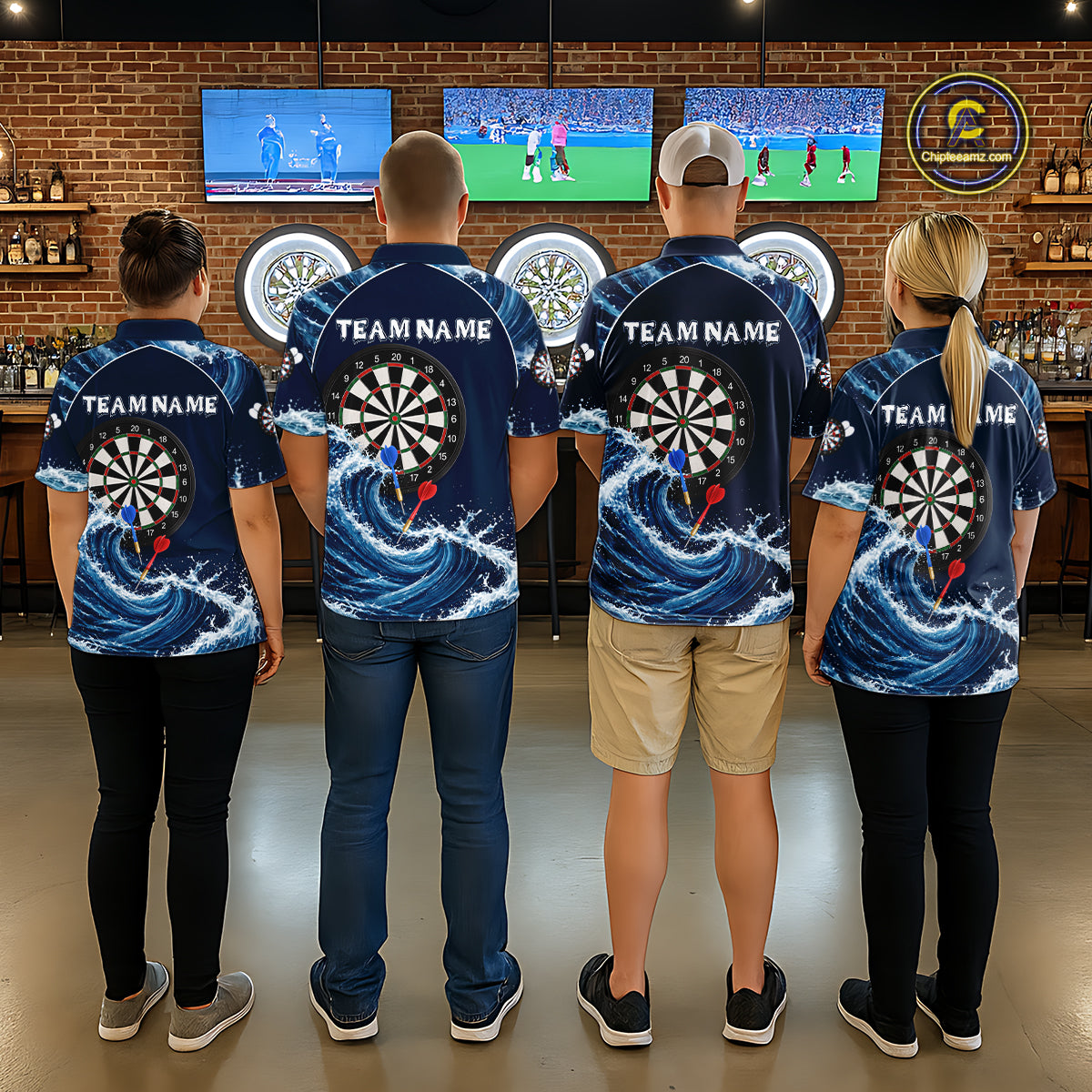 Matching Blue Waving darts team jerseys for men and women, custom tournament uniforms, professional league apparel, championship sportswear, precision-inspired dart team clothing