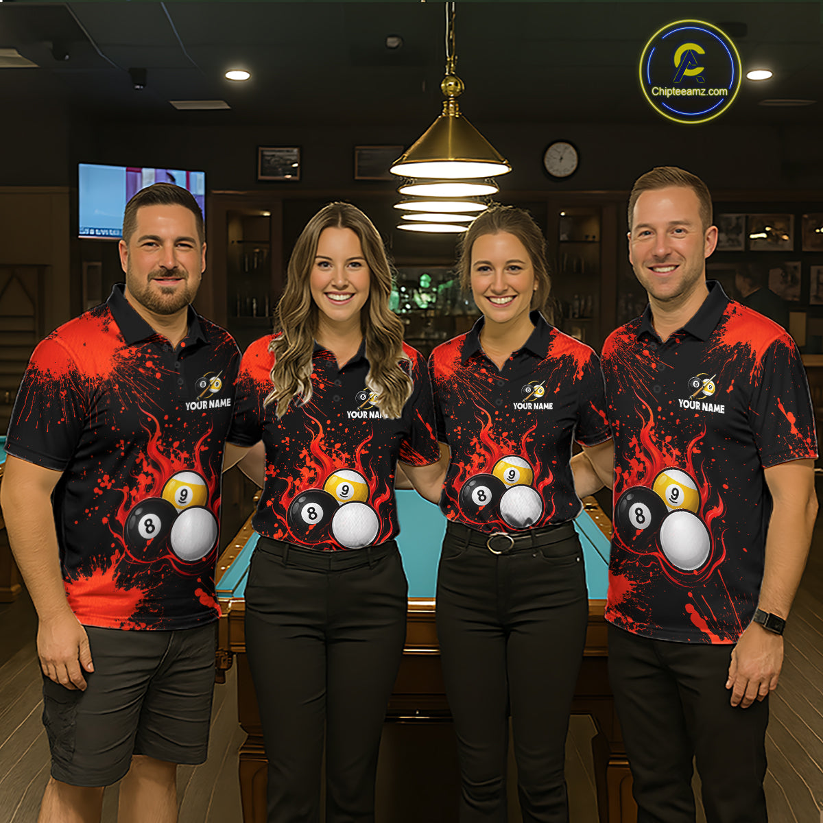 Red Splatter Flame 8 Ball & 9 Ball Pool Polo 1/4-Zip Shirt For Men Personalized Billiard Team Apparel NYN3971