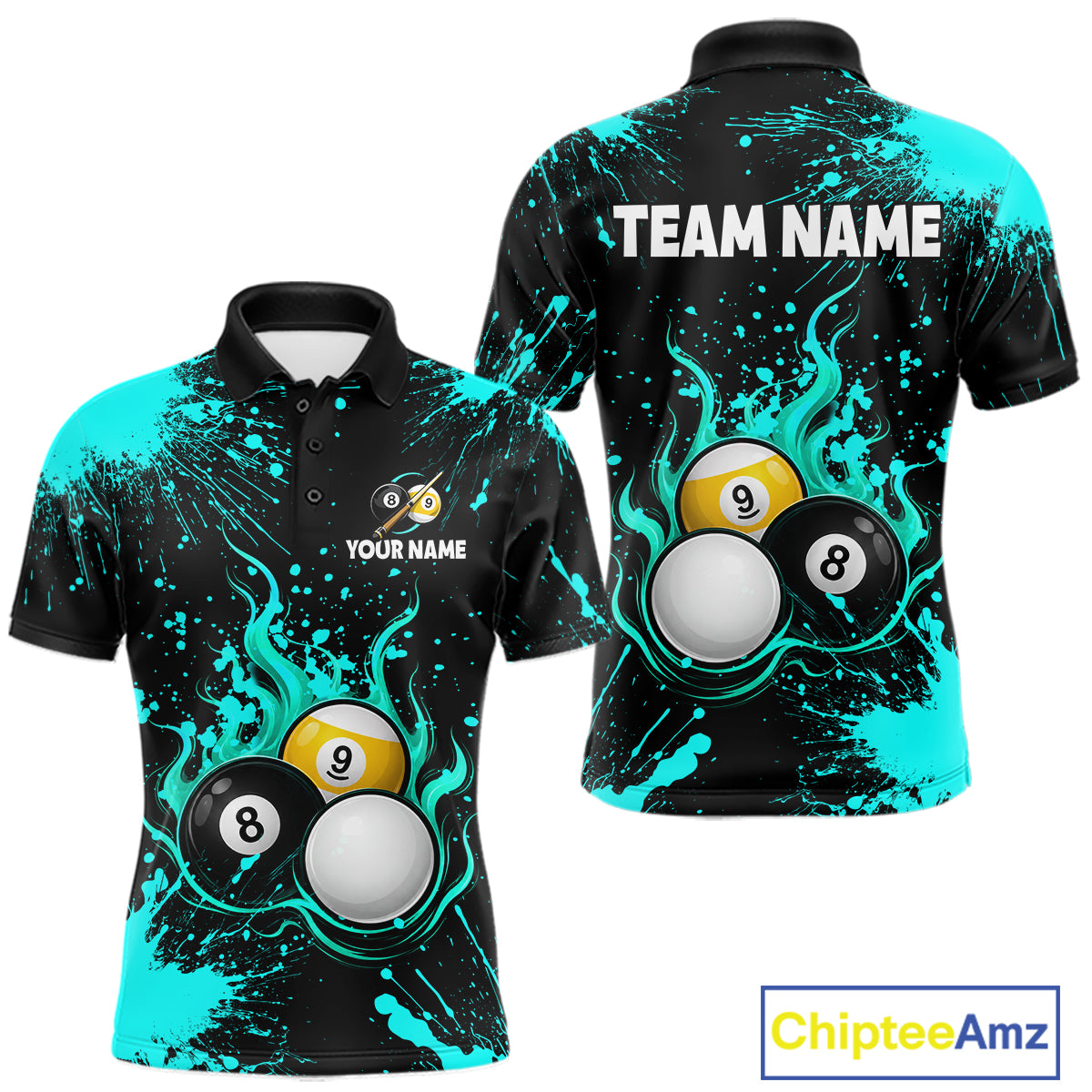 Teal Splatter Flame 8 Ball & 9 Ball Pool Polo 1/4-Zip Shirt For Men Personalized Billiard Team Apparel NYN3972