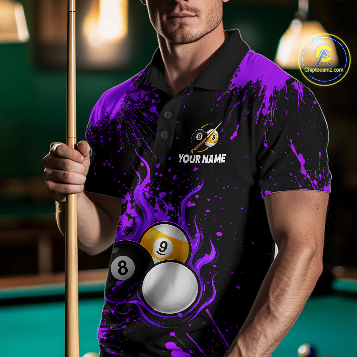 Purple Splatter Flame 8 Ball & 9 Ball Pool Polo 1/4-Zip Shirt For Men Personalized Billiard Team Apparel NYN3973