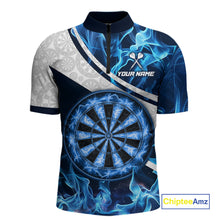 Load image into Gallery viewer, Personalized Blue Flaming Thunder Dartboard Men Darts Polo &amp; 1/4-Zip Shirts Dart Team Jerseys NYN2801