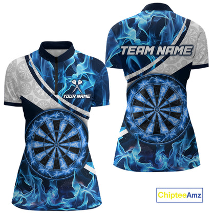 Personalized Blue Flaming Thunder Dartboard Women Darts Polo & 1/4-Zip Shirts Dart Team Jerseys NYN2801