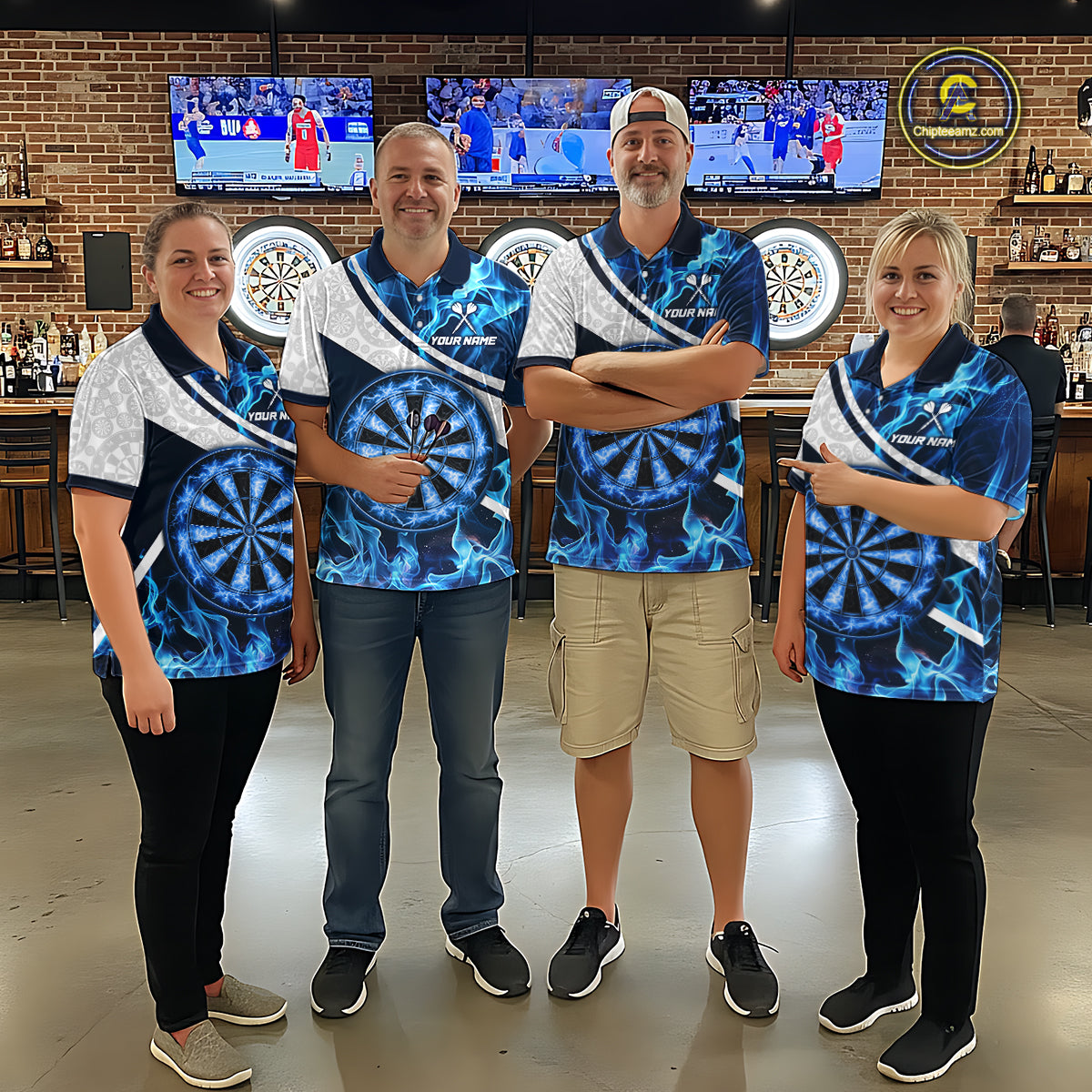 Personalized Blue Flaming Thunder Dartboard Women Darts Polo & 1/4-Zip Shirts Dart Team Jerseys NYN2801