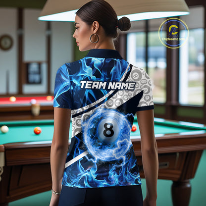 Personalized Blue Flaming Thunder 8 Ball Pool Billiard Shirts For Women Billiard Attire Gifts NYN2802