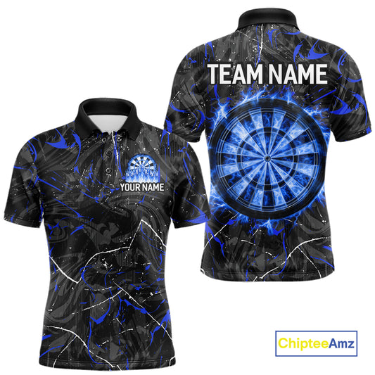 Custom Grey Blue Flaming Dartboard Darts Men Polo & 1/4-Zip Shirts Dart Team Jerseys NYN2806
