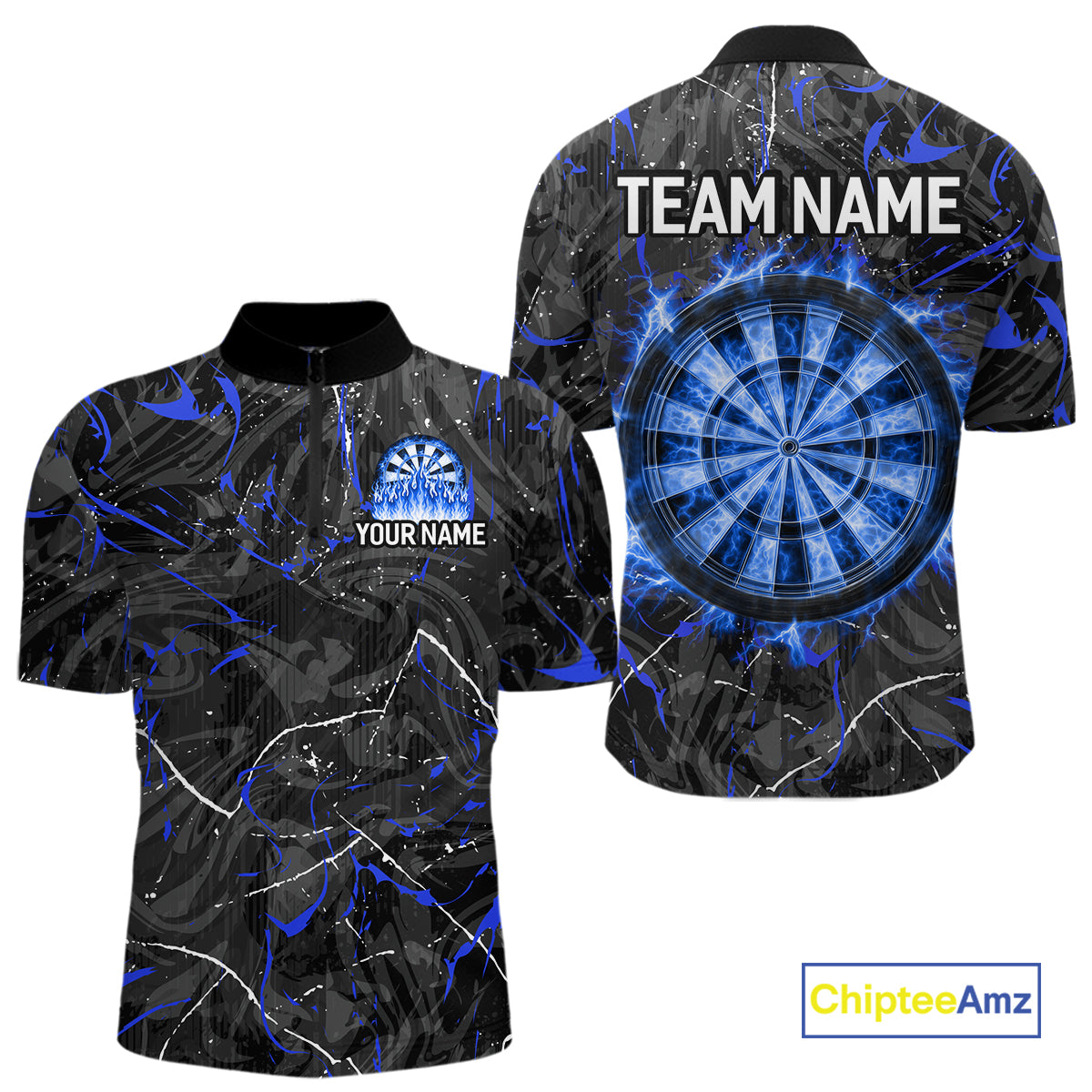 Custom Grey Blue Flaming Dartboard Darts Men Polo & 1/4-Zip Shirts Dart Team Jerseys NYN2806