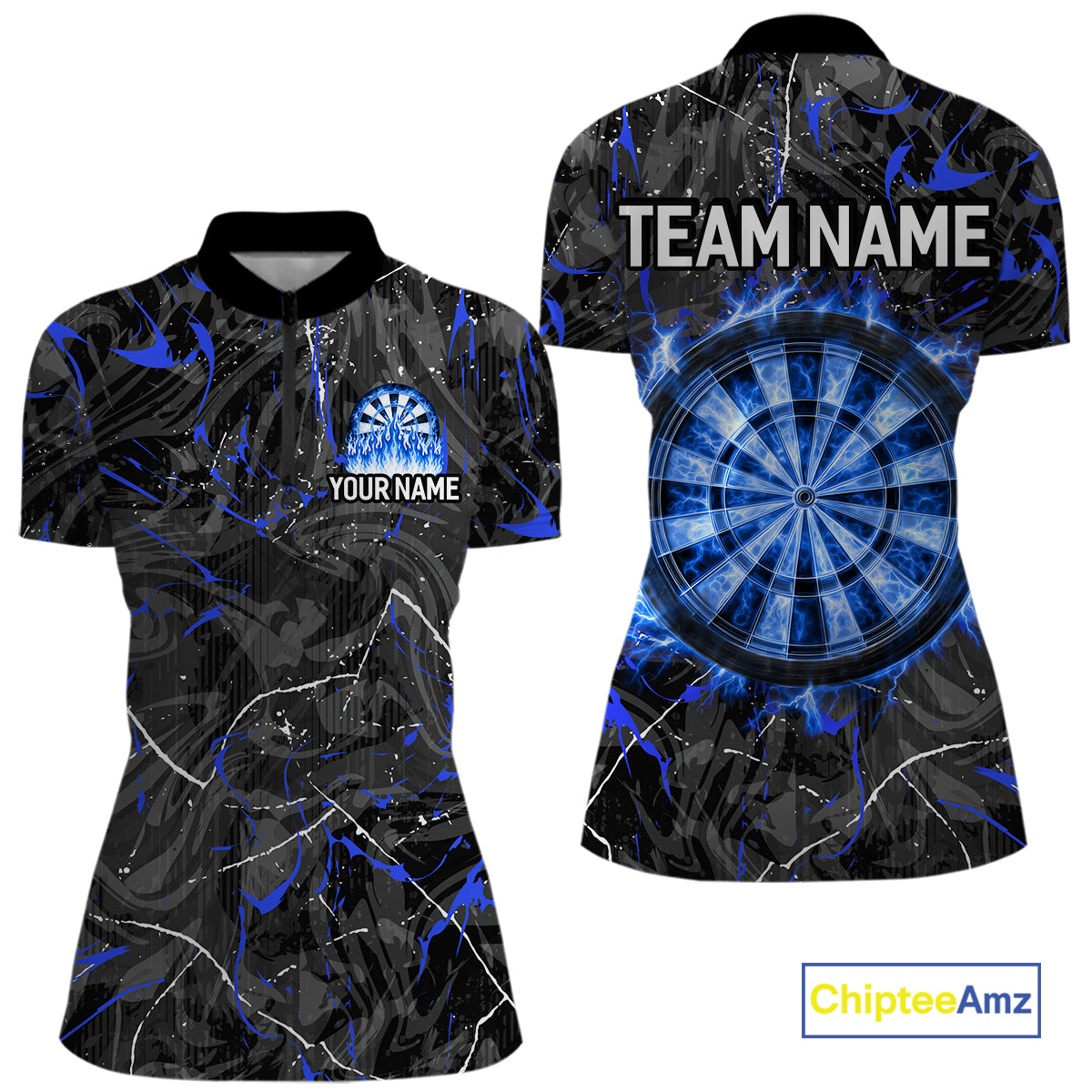 Custom Grey Blue Flaming Dartboard Darts Women Polo & 1/4-Zip Shirts Dart Team Jerseys NYN2806