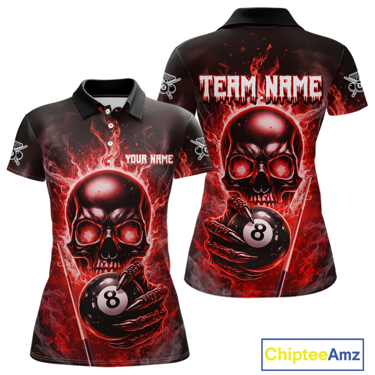 Red Flames Skull Hoding 8 Ball Pool Women Polo & 1/4-Zip Shirt Custom Billiards Ball Jerseys NYN2428