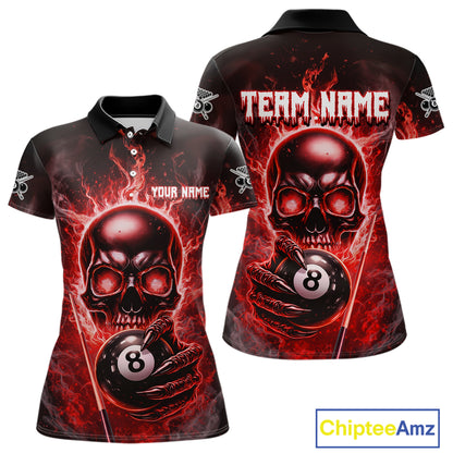Red Flames Skull Hoding 8 Ball Pool Women Polo & 1/4-Zip Shirt Custom Billiards Ball Jerseys NYN2428