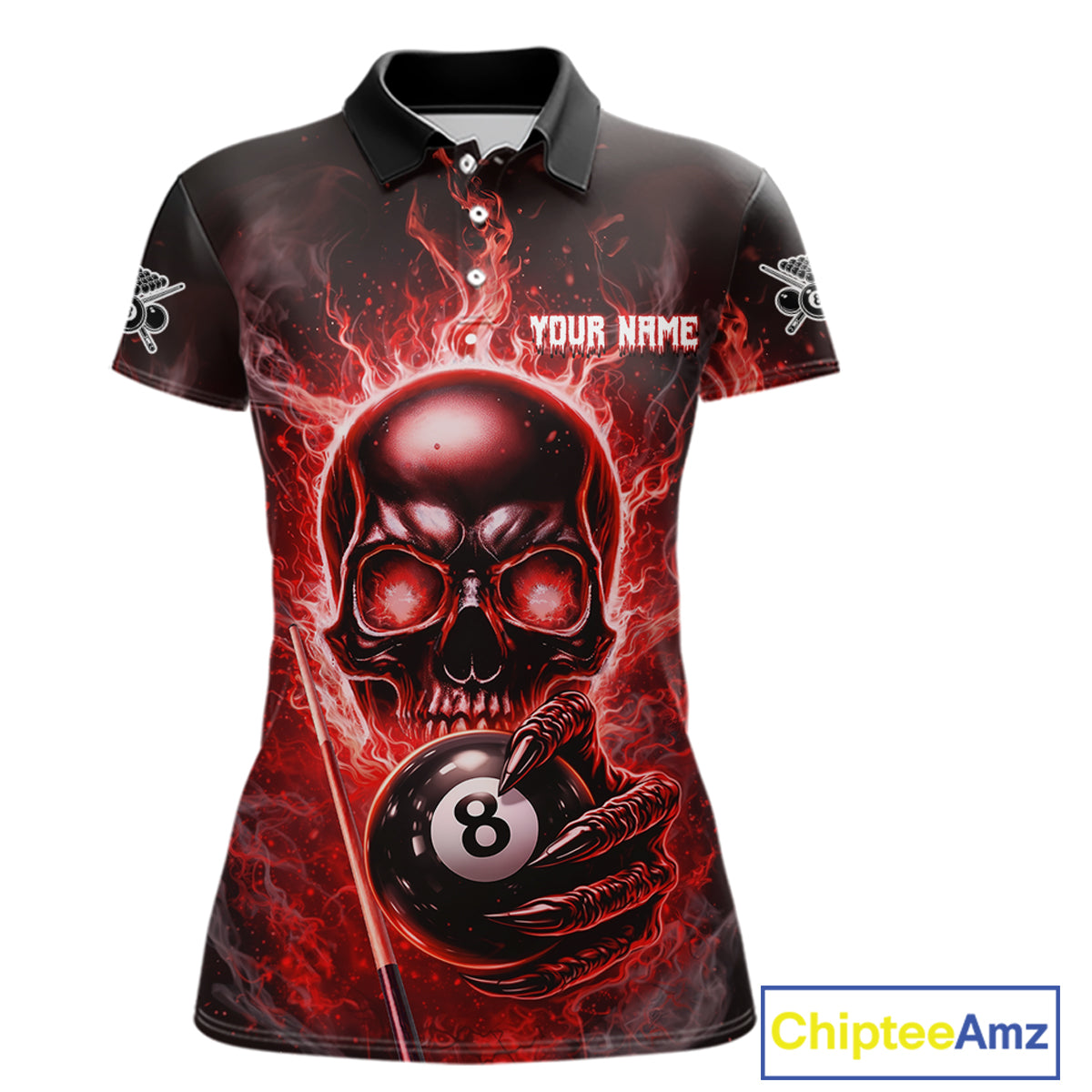 Red Flames Skull Hoding 8 Ball Pool Women Polo & 1/4-Zip Shirt Custom Billiards Ball Jerseys NYN2428